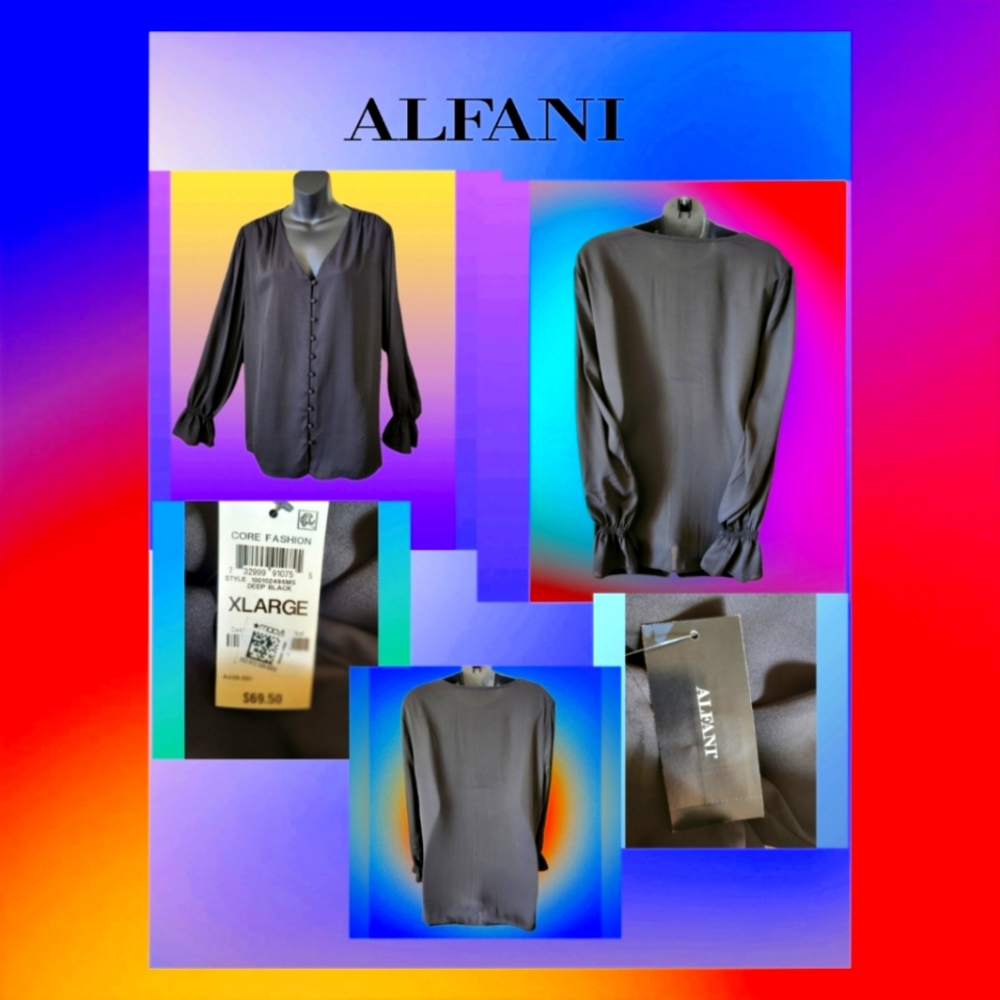 ALFANI V-NECK DEEP BLACK SHEER DESIGNER BLOUSE SIZE XL NWT - Picture 1 of 6